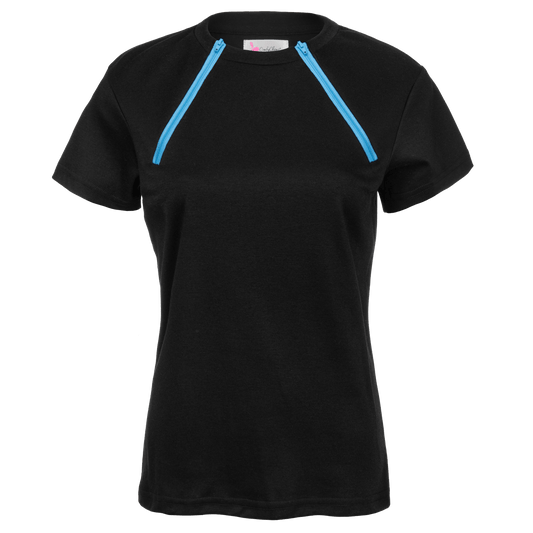  ComfyChemo®CHEMOWEAR and ComfyAccess®INFUSIONWEAR Women's dual zippered black with blue zipper short sleeve chest access shirt. Great for chemo and dialysis. 