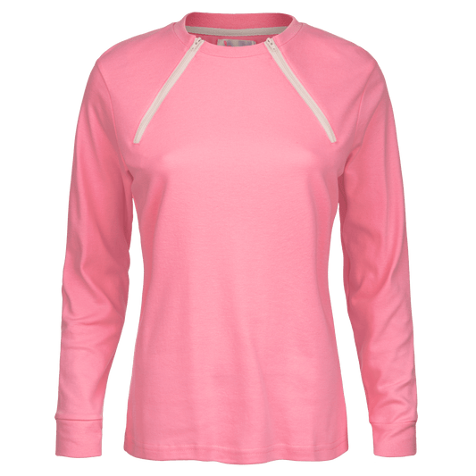 ComfyChemo®CHEMOWEAR and ComfyAccess®INFUSIONWEAR Women's Long Sleeve Pink Chest Access Shirt. Great for chest ports.