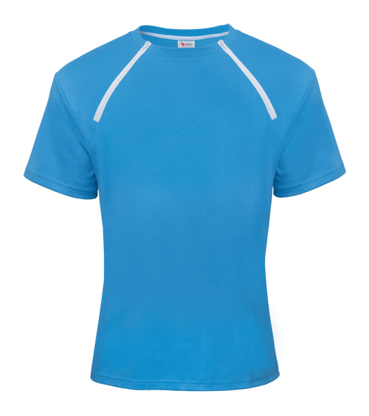 ComfyChemo®CHEMOWEAR and ComfyAccess®INFUSIONWEAR Men's Short Sleeve Blue Chest Access Shirt. Great for chest ports. 