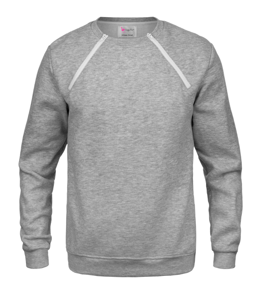 ComfyChemo®CHEMOWEAR and ComfyAccess®INFUSIONWEAR Unisex Chest Access Sweatshirt. Great for chest ports. 