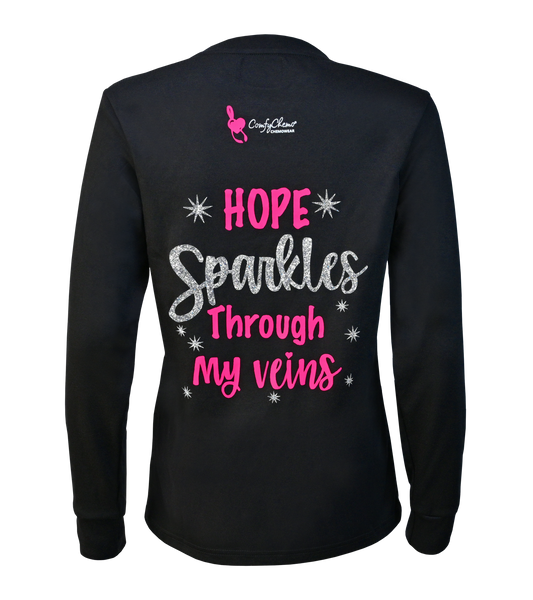 Back View of ComfyChemo®CHEMOWEAR dual zippered chest access shirt with an inspirational phrase on the back. Great for ports and permcaths.